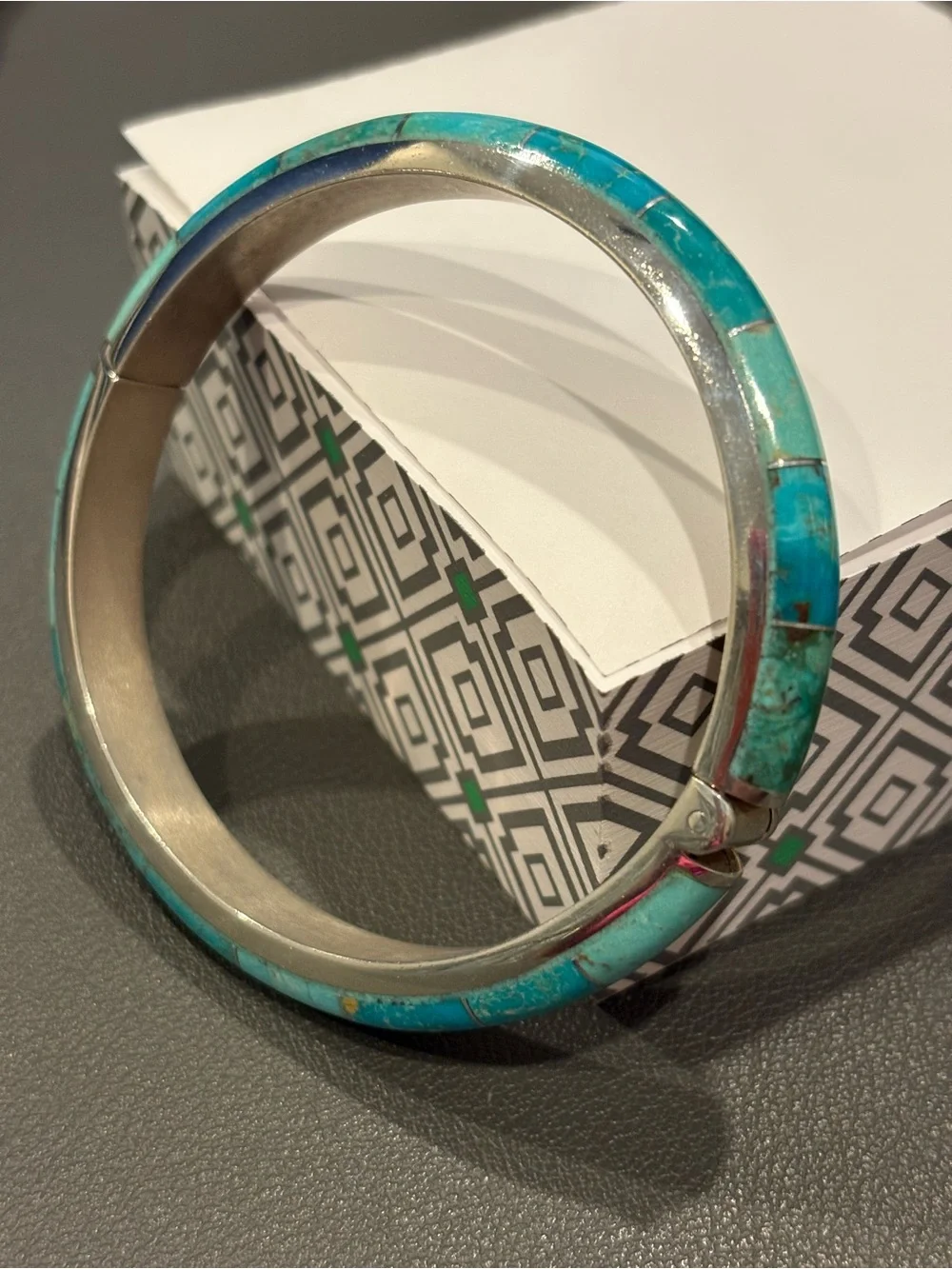 Turquoise Inlay Silver Hinged Bangle Bracelet - Blue Green